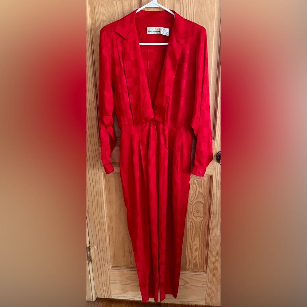 Liz Claiborne 4 Jumpsuit 100% Silk Red 80s Vintage Checkerboard Jacquard Tapered